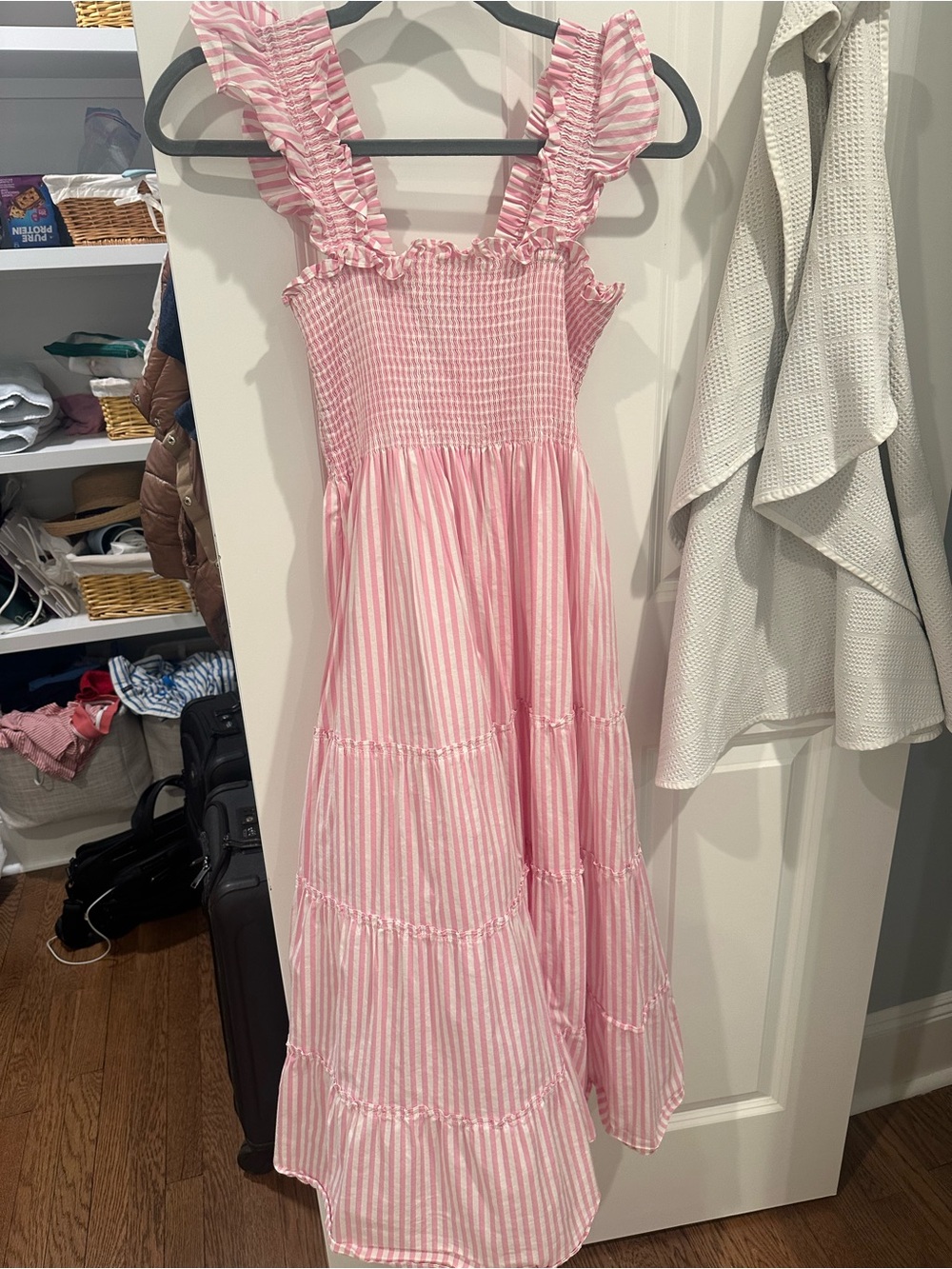 Hill House Pink Striped Ruffle Strap Maxi Dress